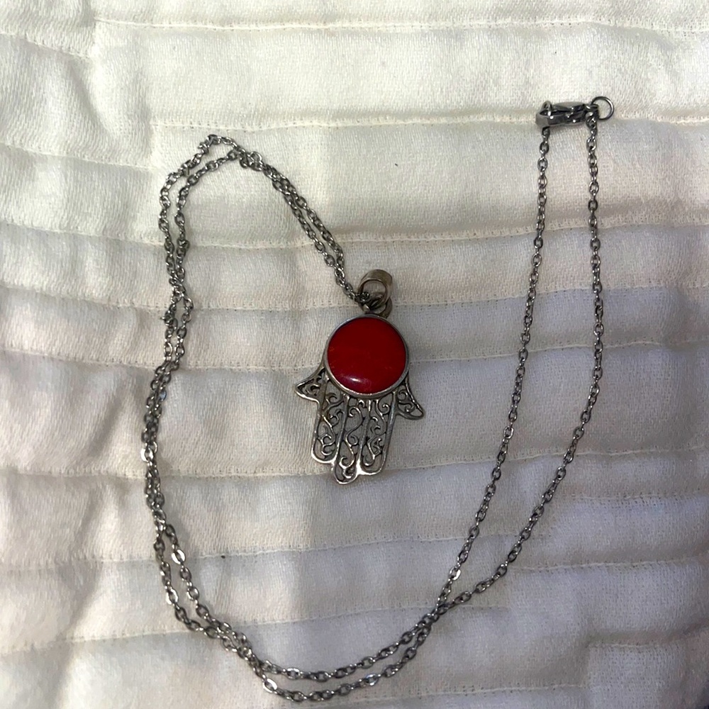 Red Coral hamsa necklace silver